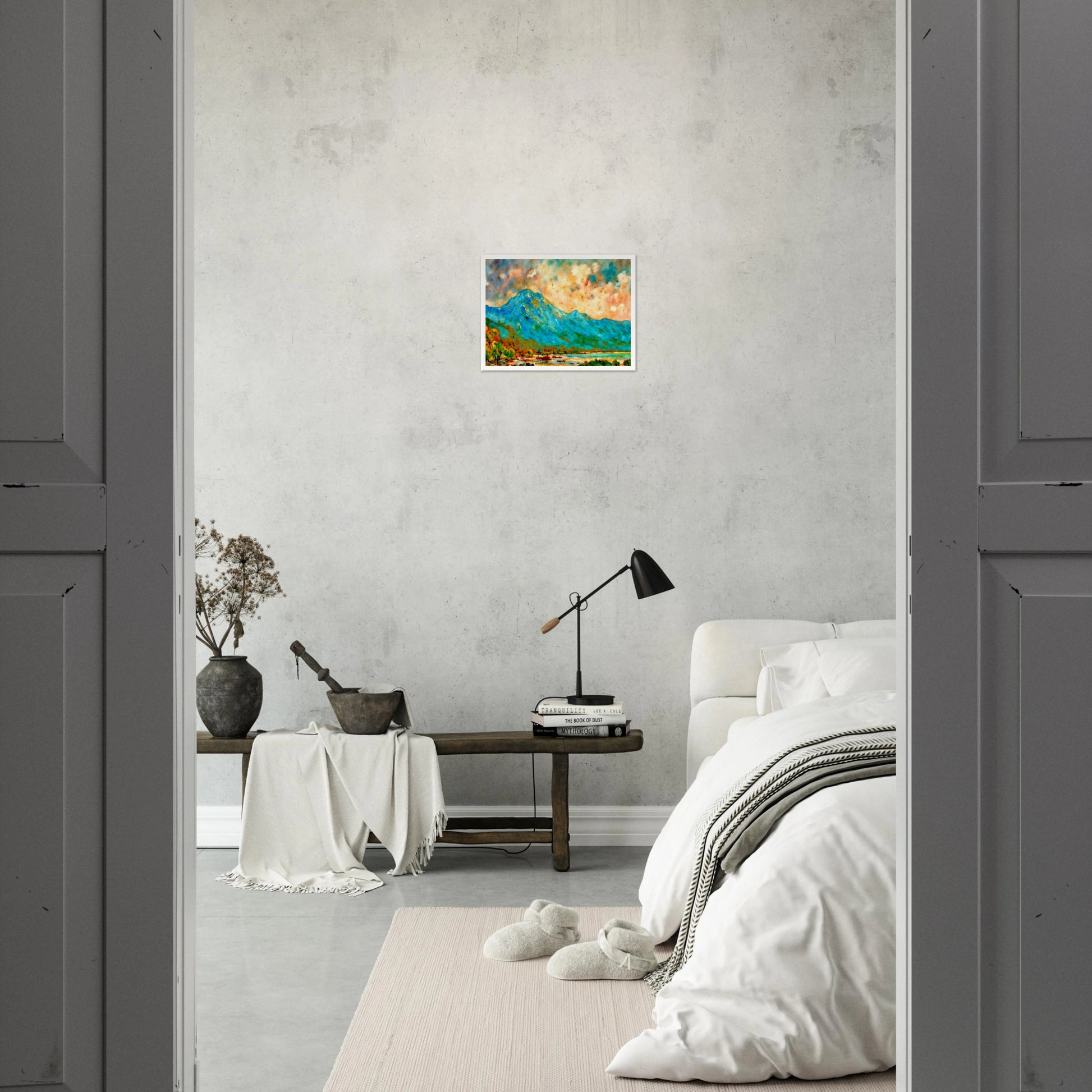 Vivid blue mountain rising above reflective waters beneath a luminous peach and turquoise sky, bursting with expressive color and energy.