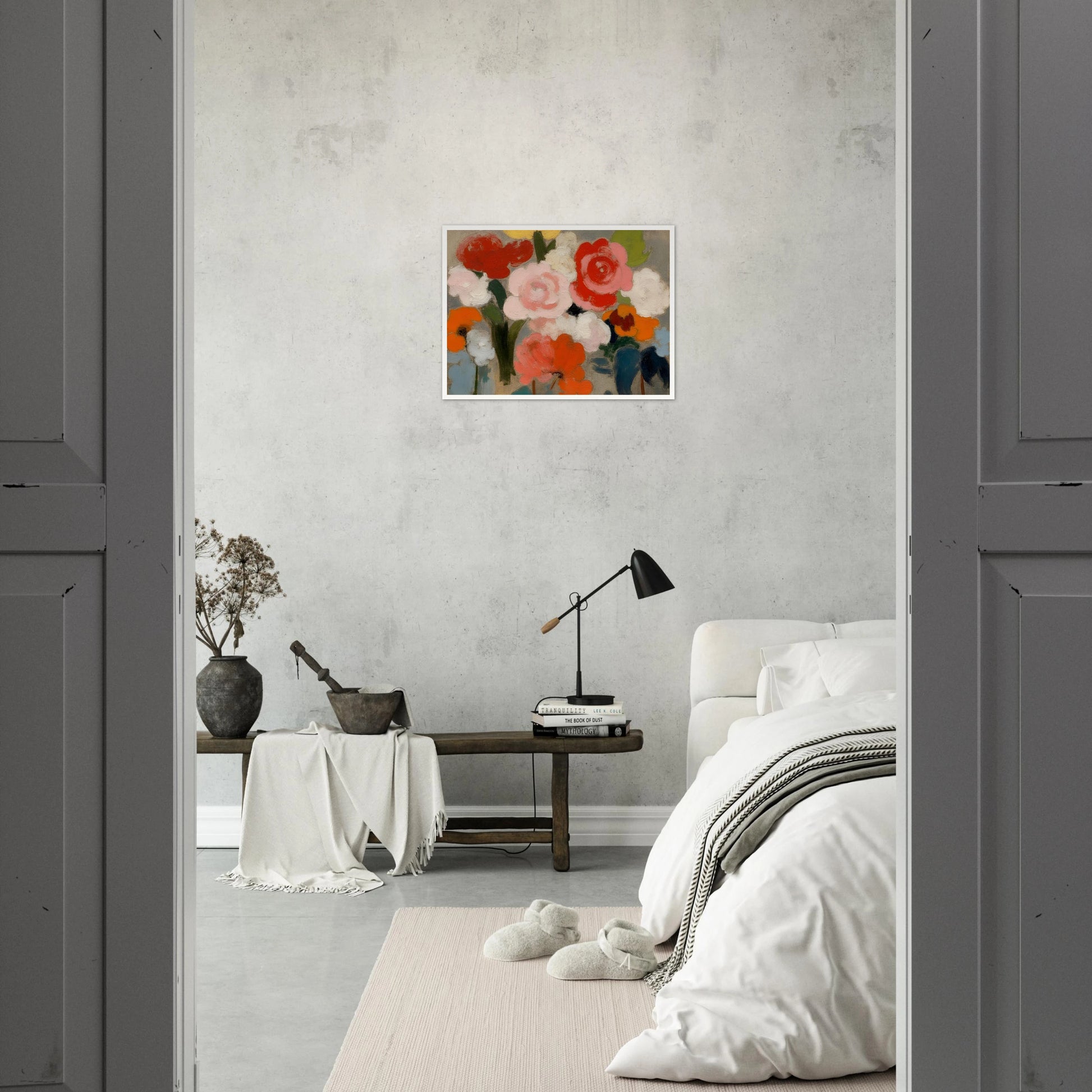 An expressive floral painting featuring large pink, red, white, and orange blossoms with soft green foliage against a muted gray background, rendered in broad painterly brushstrokes.