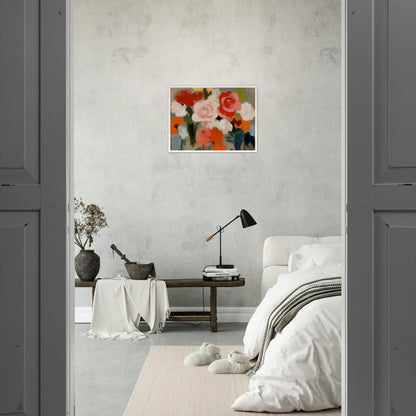 An expressive floral painting featuring large pink, red, white, and orange blossoms with soft green foliage against a muted gray background, rendered in broad painterly brushstrokes.