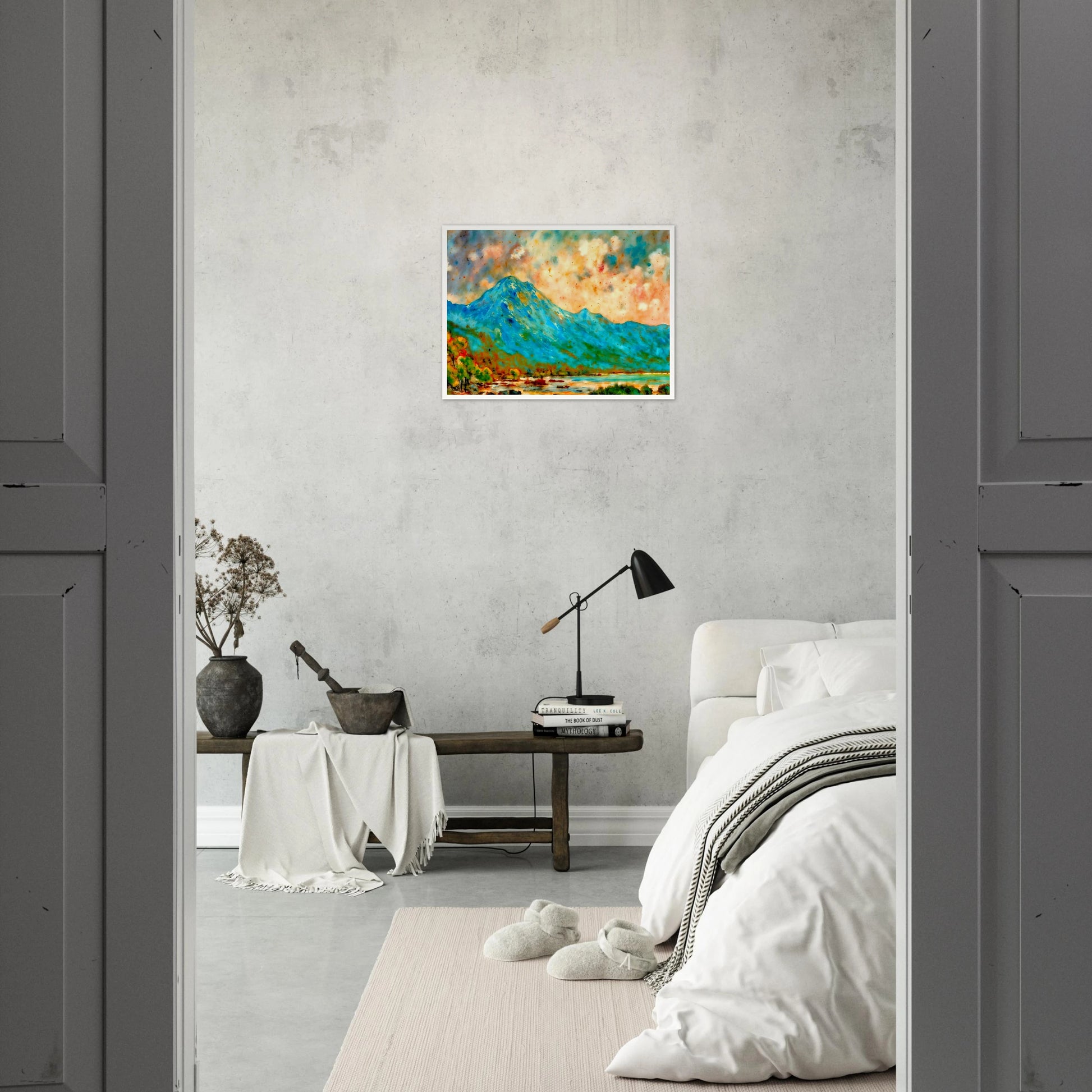 Vivid blue mountain rising above reflective waters beneath a luminous peach and turquoise sky, bursting with expressive color and energy.
