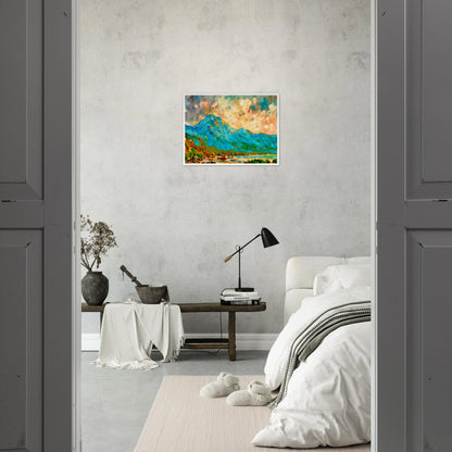 Vivid blue mountain rising above reflective waters beneath a luminous peach and turquoise sky, bursting with expressive color and energy.
