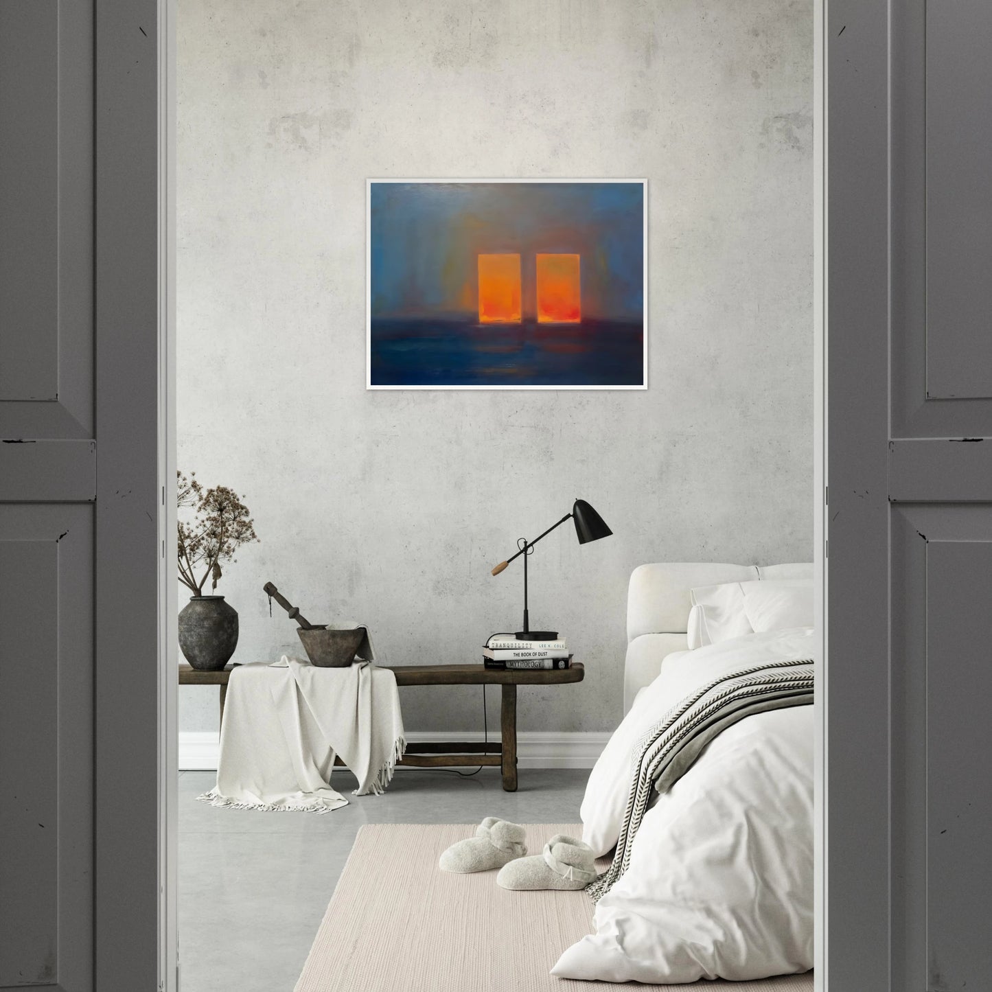 Moody blue interior with two glowing orange doorways, evoking quiet mystery, warmth, and minimalist atmospheric depth.