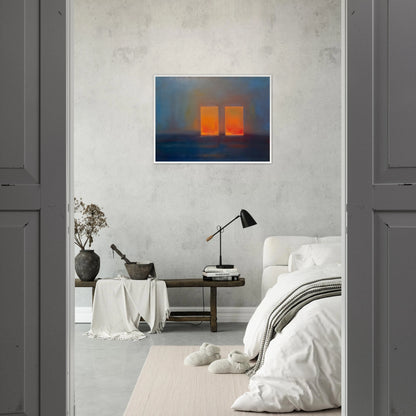 Moody blue interior with two glowing orange doorways, evoking quiet mystery, warmth, and minimalist atmospheric depth.