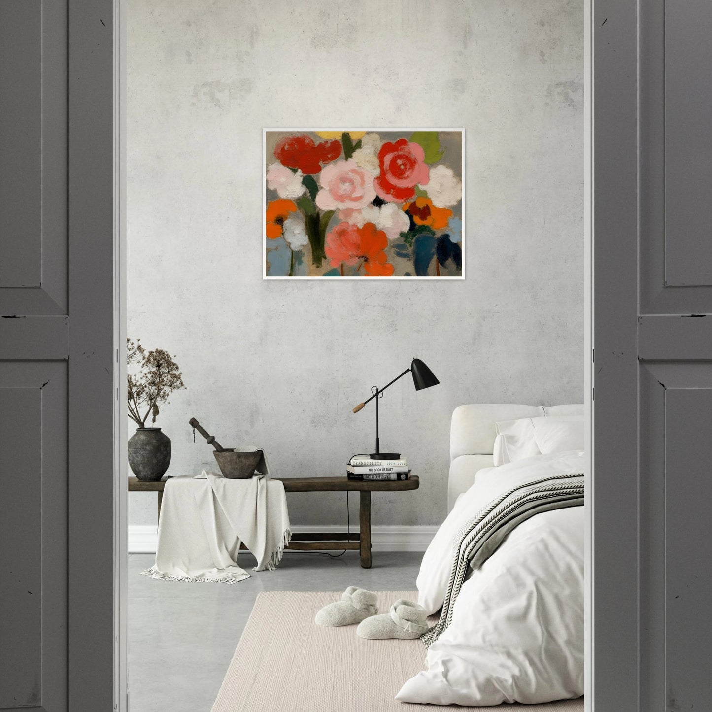 An expressive floral painting featuring large pink, red, white, and orange blossoms with soft green foliage against a muted gray background, rendered in broad painterly brushstrokes.