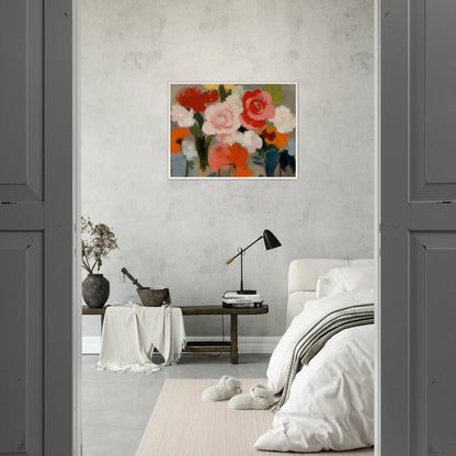 An expressive floral painting featuring large pink, red, white, and orange blossoms with soft green foliage against a muted gray background, rendered in broad painterly brushstrokes.