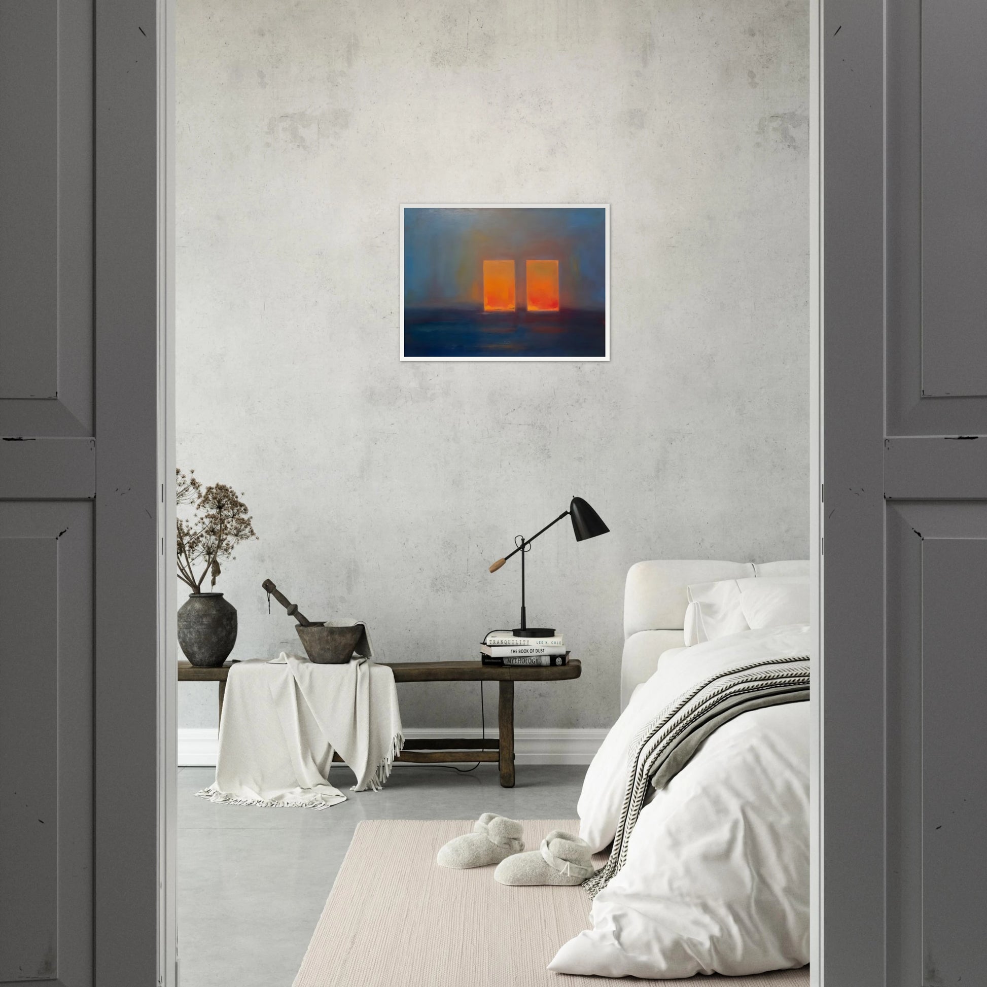 Moody blue interior with two glowing orange doorways, evoking quiet mystery, warmth, and minimalist atmospheric depth.