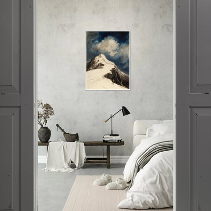 A snow-covered mountain peak rises beneath luminous clouds and a deep midnight sky, capturing solitude and awe.