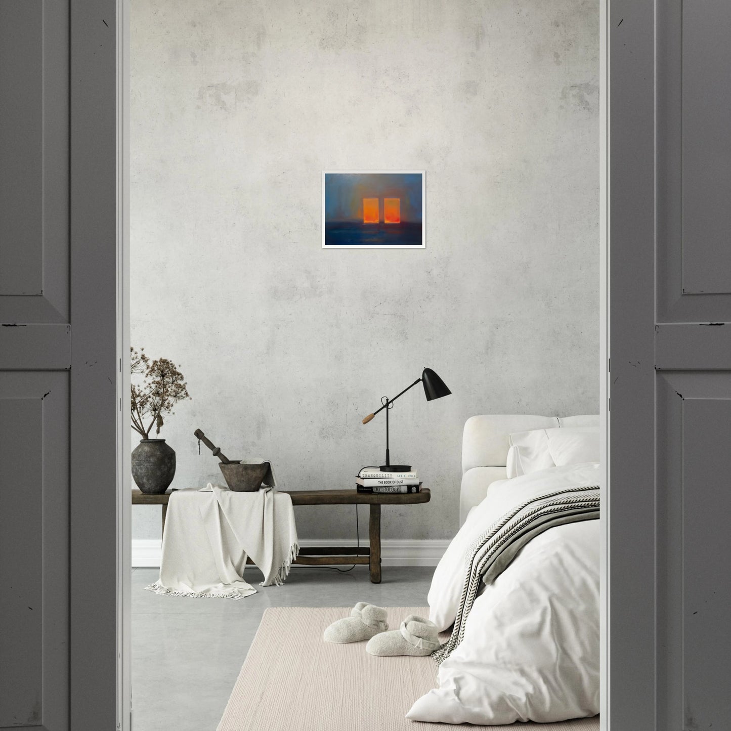 Moody blue interior with two glowing orange doorways, evoking quiet mystery, warmth, and minimalist atmospheric depth.