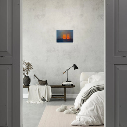 Moody blue interior with two glowing orange doorways, evoking quiet mystery, warmth, and minimalist atmospheric depth.