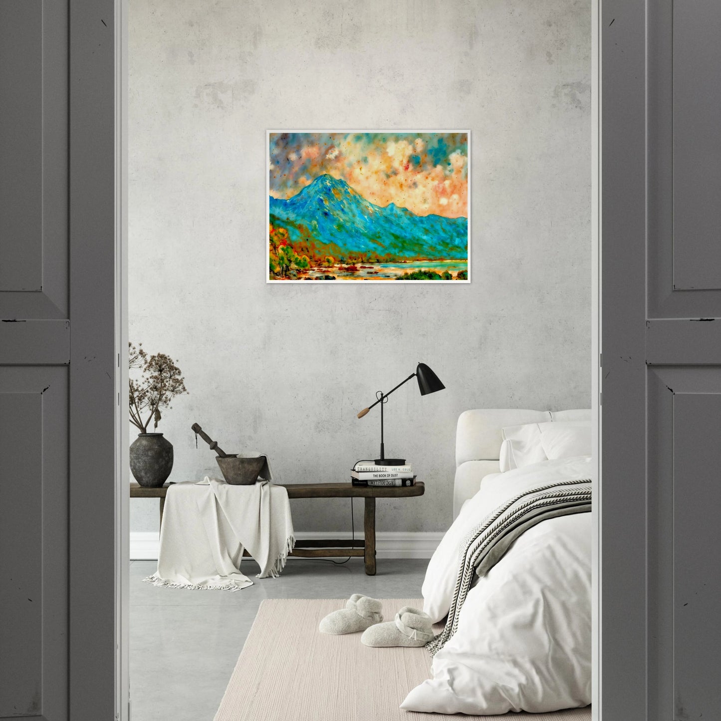 Vivid blue mountain rising above reflective waters beneath a luminous peach and turquoise sky, bursting with expressive color and energy.