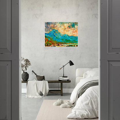 Vivid blue mountain rising above reflective waters beneath a luminous peach and turquoise sky, bursting with expressive color and energy.