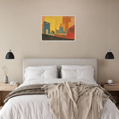 A stylized cityscape with warm yellow and orange tones, blue geometric buildings, and abstract architectural silhouettes.