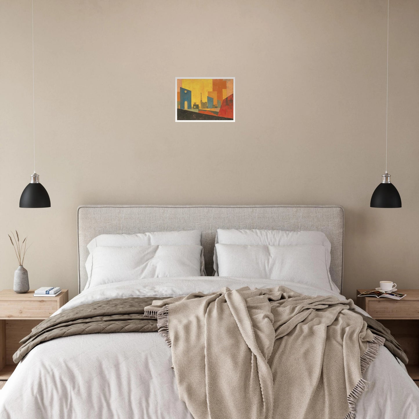 A stylized cityscape with warm yellow and orange tones, blue geometric buildings, and abstract architectural silhouettes.