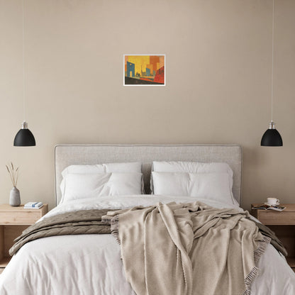 A stylized cityscape with warm yellow and orange tones, blue geometric buildings, and abstract architectural silhouettes.