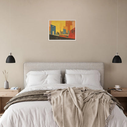 A stylized cityscape with warm yellow and orange tones, blue geometric buildings, and abstract architectural silhouettes.