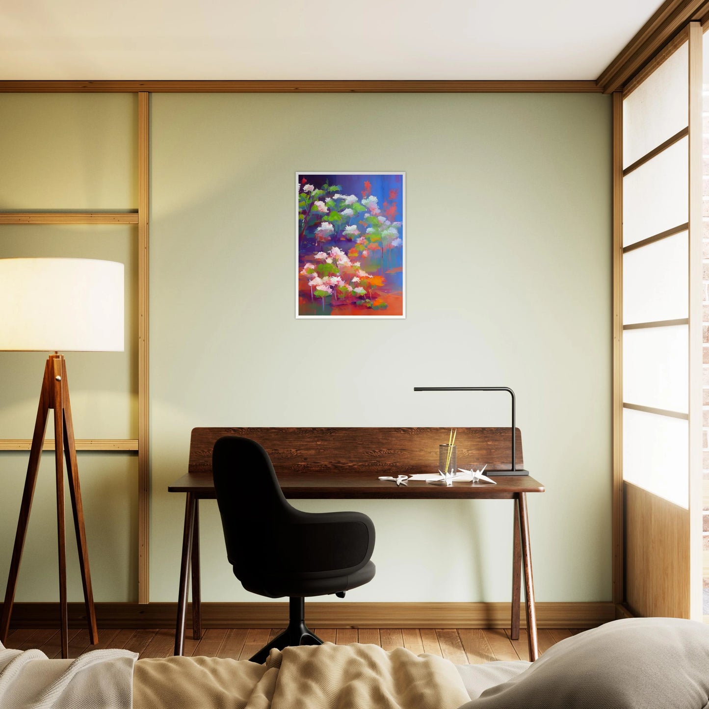 A vibrant floral composition featuring soft pink and white blossoms with bright green leaves, illuminated against a luminous blue and violet background in an expressive contemporary style.