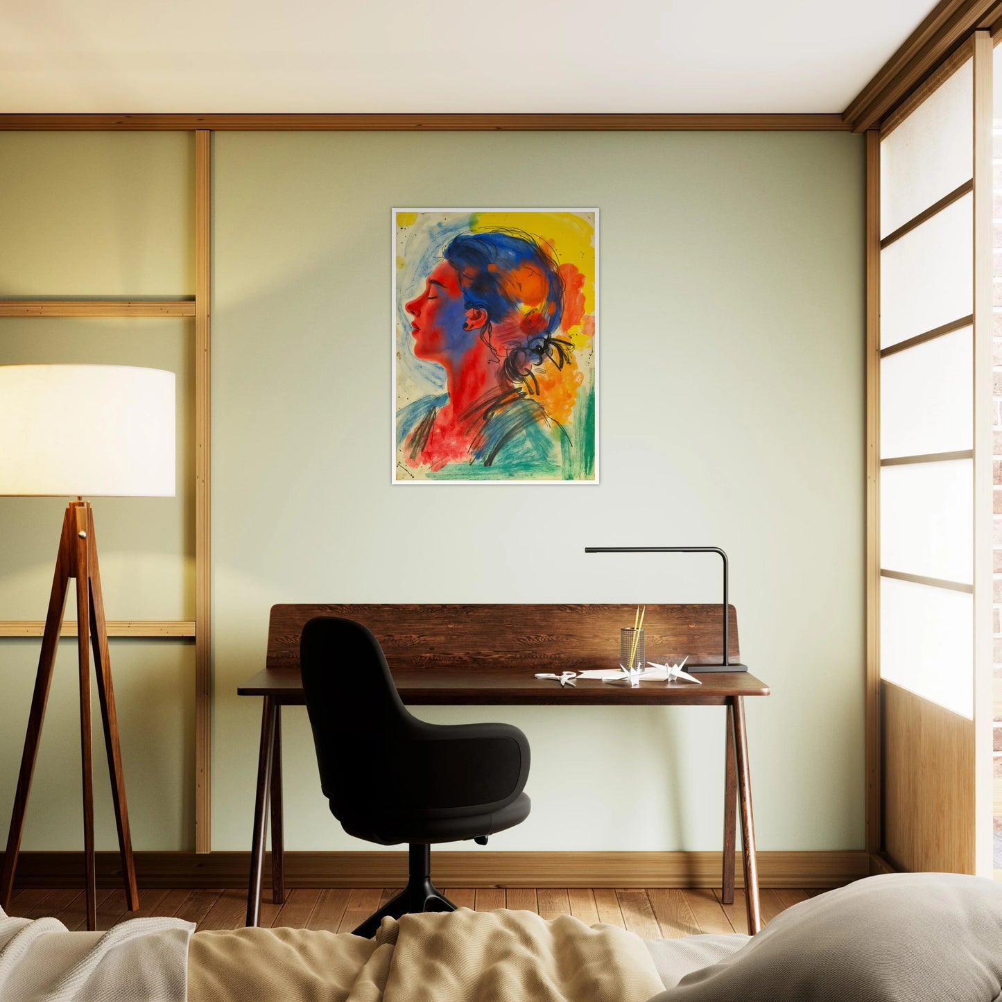Vivid portrait of a serene woman in profile rendered with expressive blue, red, yellow, and orange washes against a luminous backdrop.