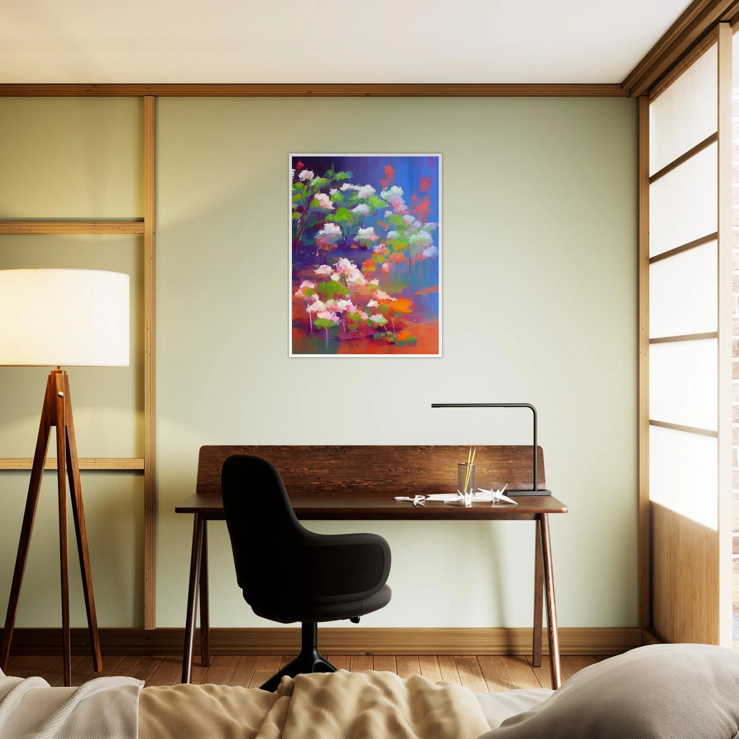A vibrant floral composition featuring soft pink and white blossoms with bright green leaves, illuminated against a luminous blue and violet background in an expressive contemporary style.