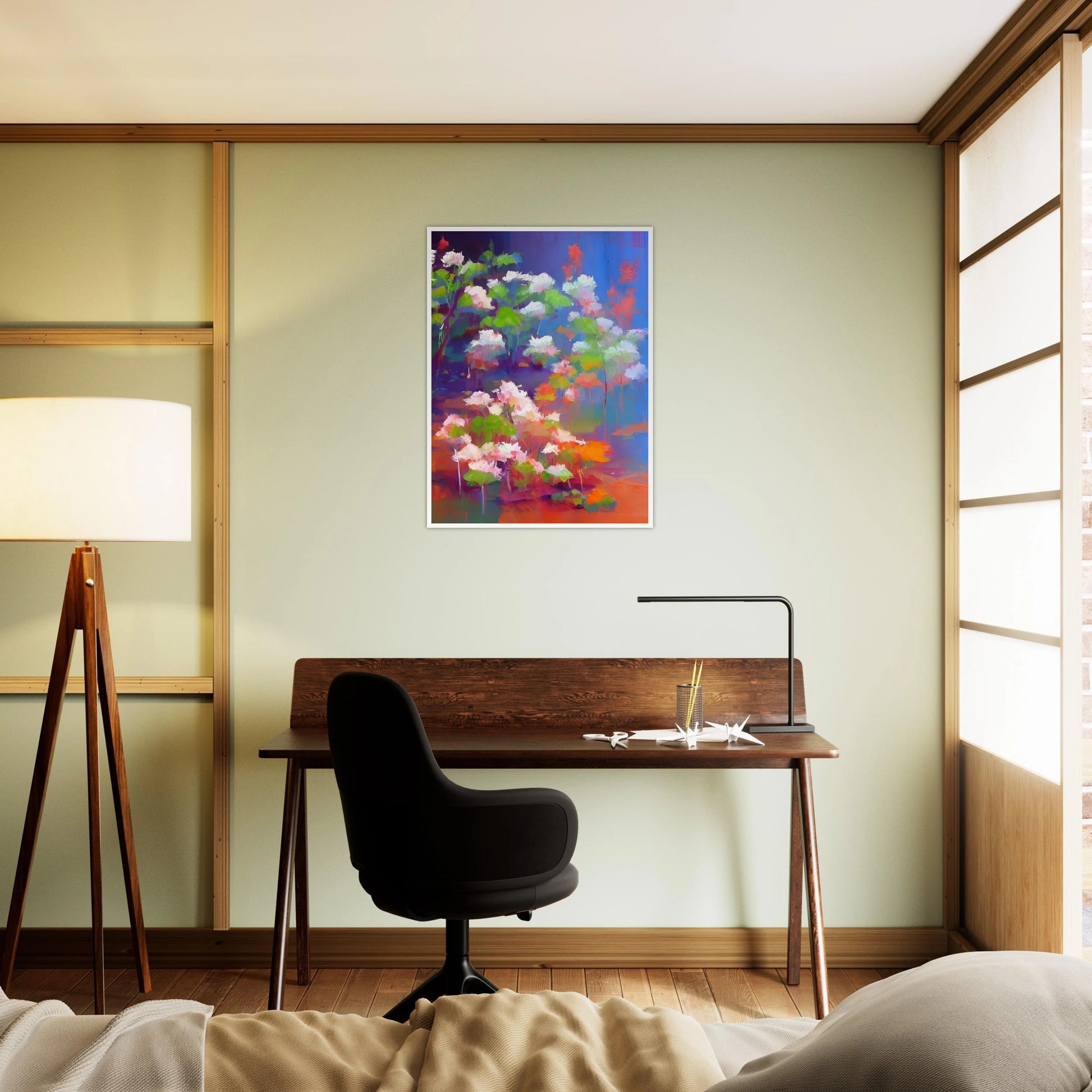 A vibrant floral composition featuring soft pink and white blossoms with bright green leaves, illuminated against a luminous blue and violet background in an expressive contemporary style.