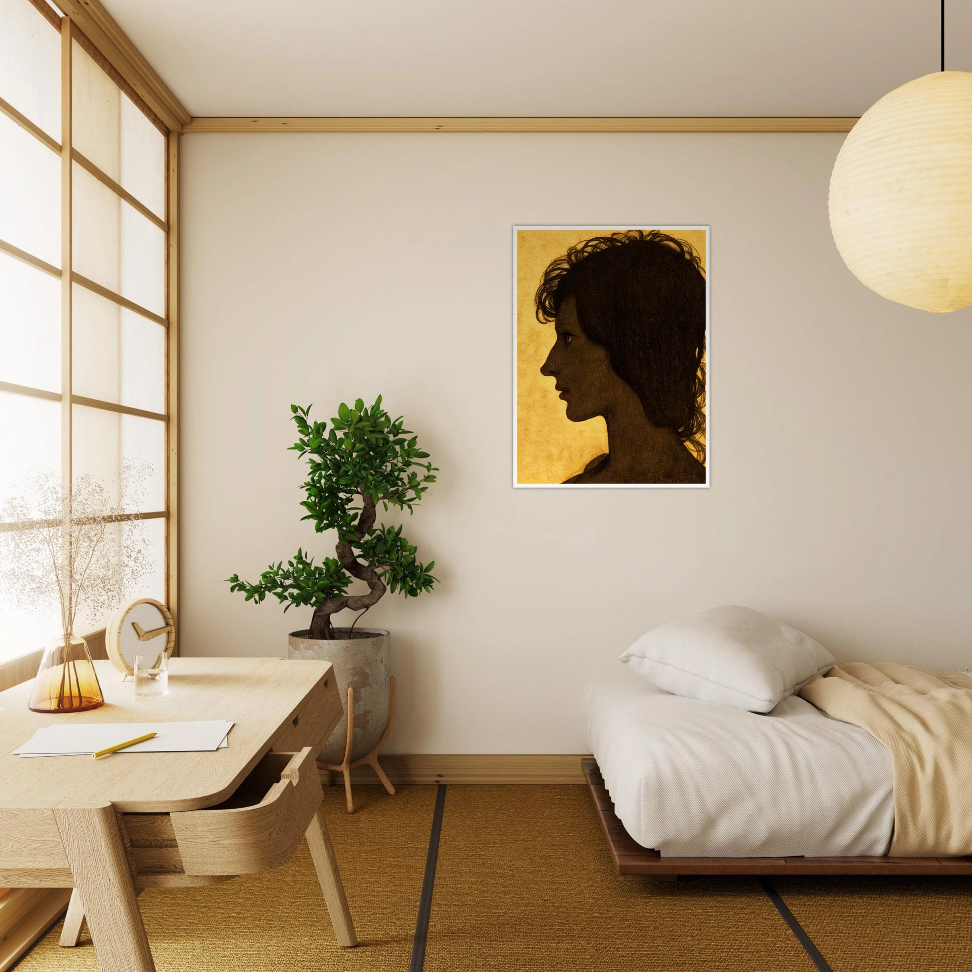 A textured profile silhouette of a woman set against a warm ochre background, capturing introspection and quiet strength.
