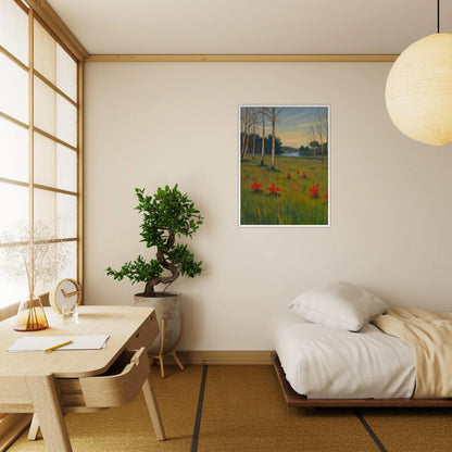 A tranquil meadow with red wildflowers, slender trees, and a calm lake in the distance under a soft pastel sky.