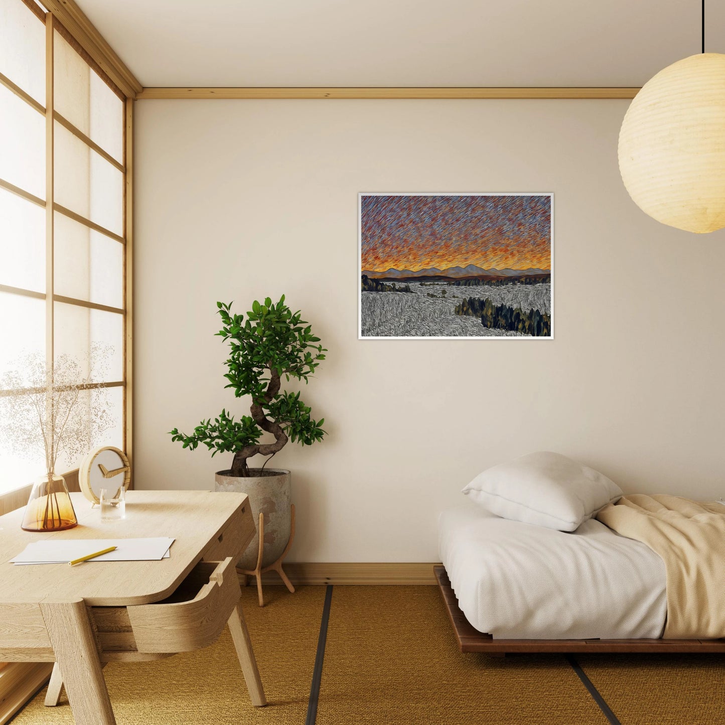 Vibrant orange sunset over distant mountains with textured sky and patterned fields in the foreground.