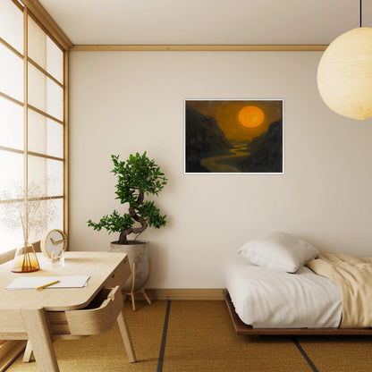 A glowing sun hovers over a winding river cutting through dark mountain valleys in a golden, dusky scene.
