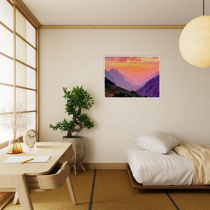 A dreamy mountain valley bathed in pink and golden sunset light, with layered violet peaks fading into the distance.