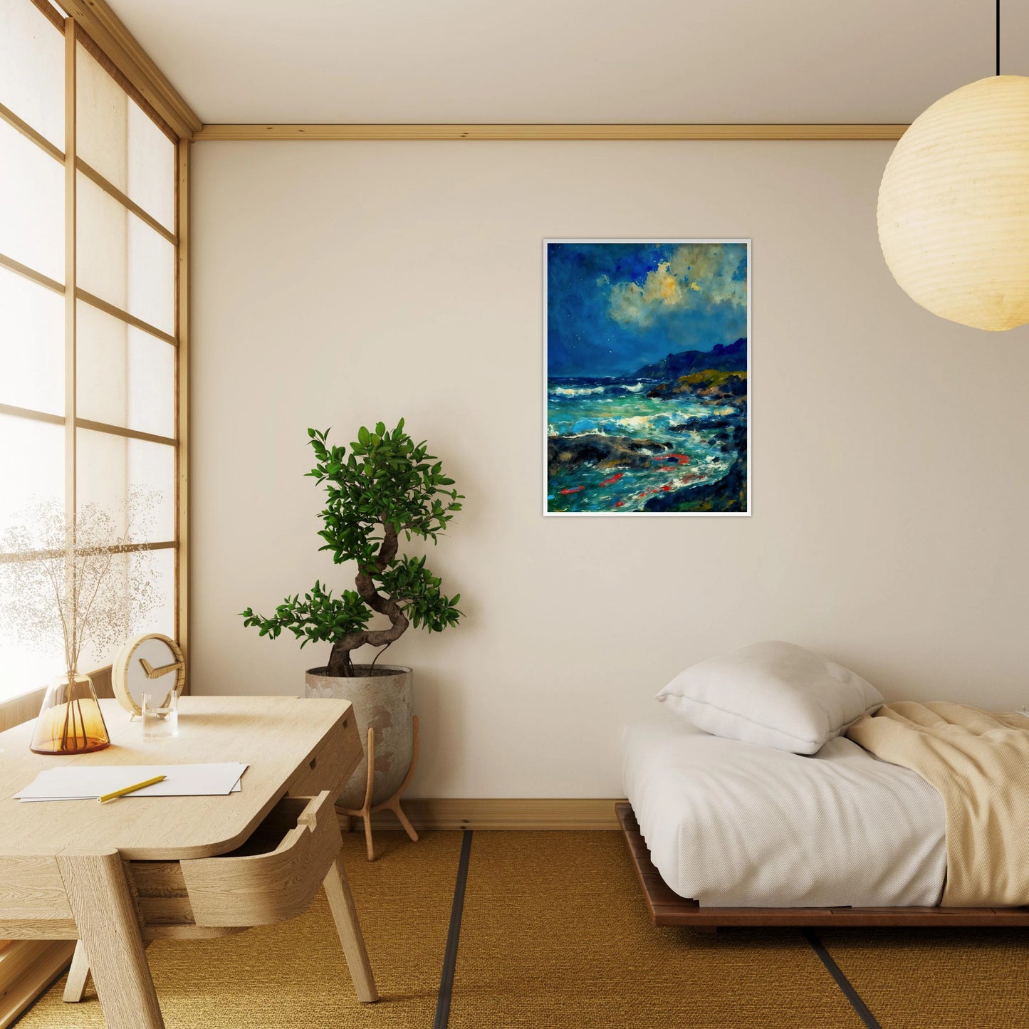 Turquoise waves rush through dark rocks below glowing clouds and distant coastal hills.