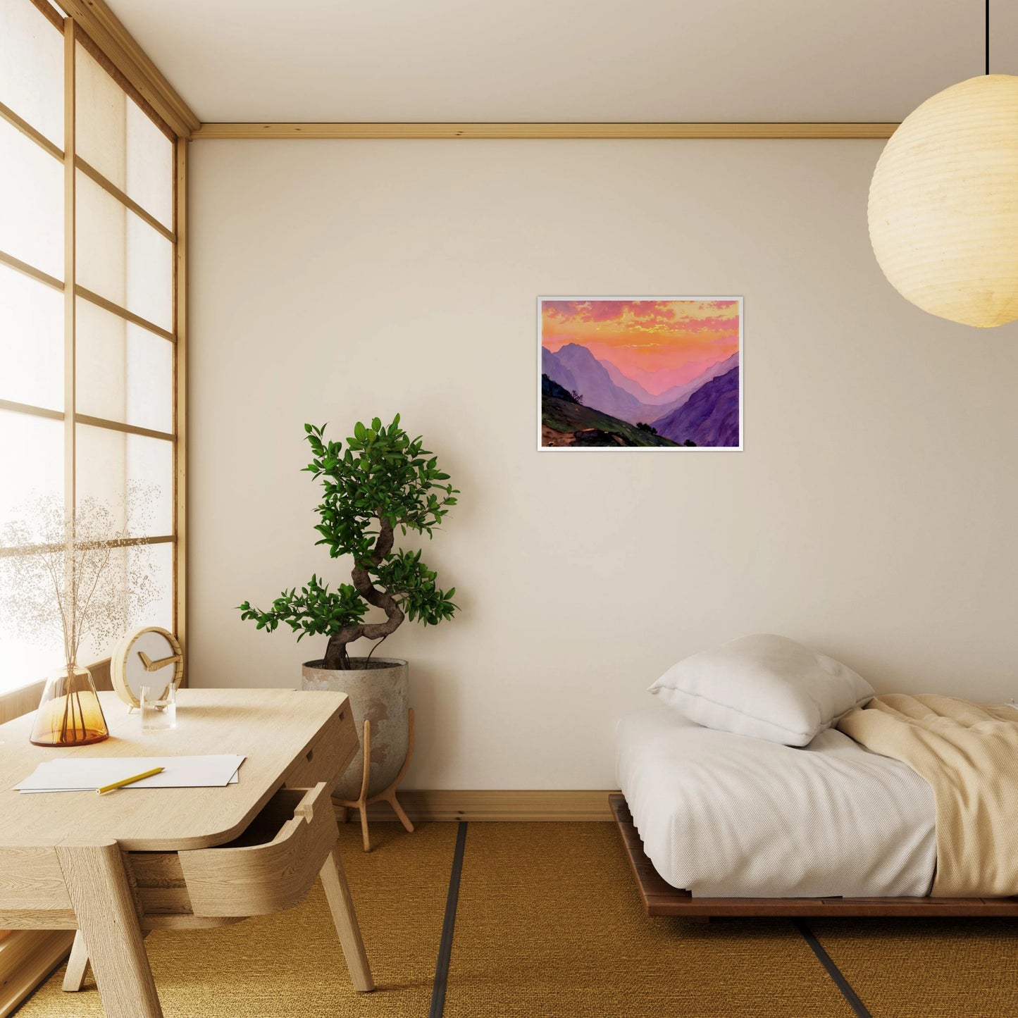 A dreamy mountain valley bathed in pink and golden sunset light, with layered violet peaks fading into the distance.