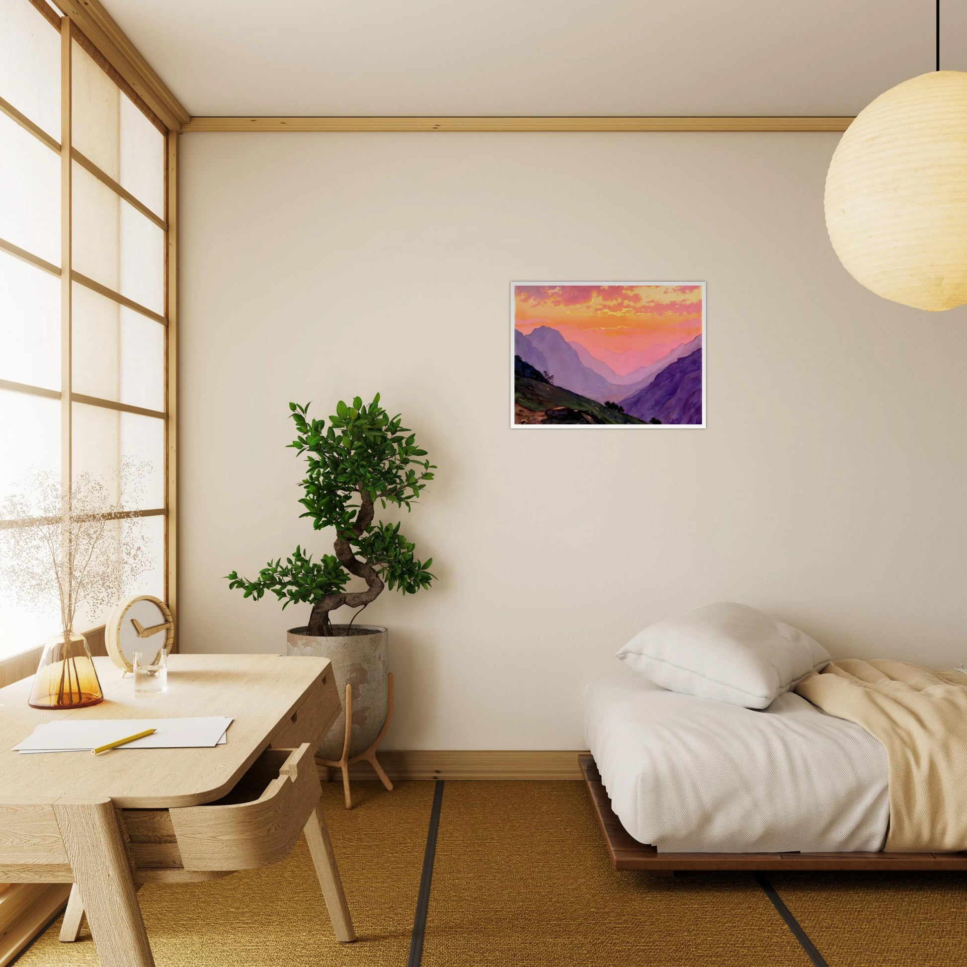 A dreamy mountain valley bathed in pink and golden sunset light, with layered violet peaks fading into the distance.