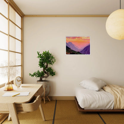 A dreamy mountain valley bathed in pink and golden sunset light, with layered violet peaks fading into the distance.