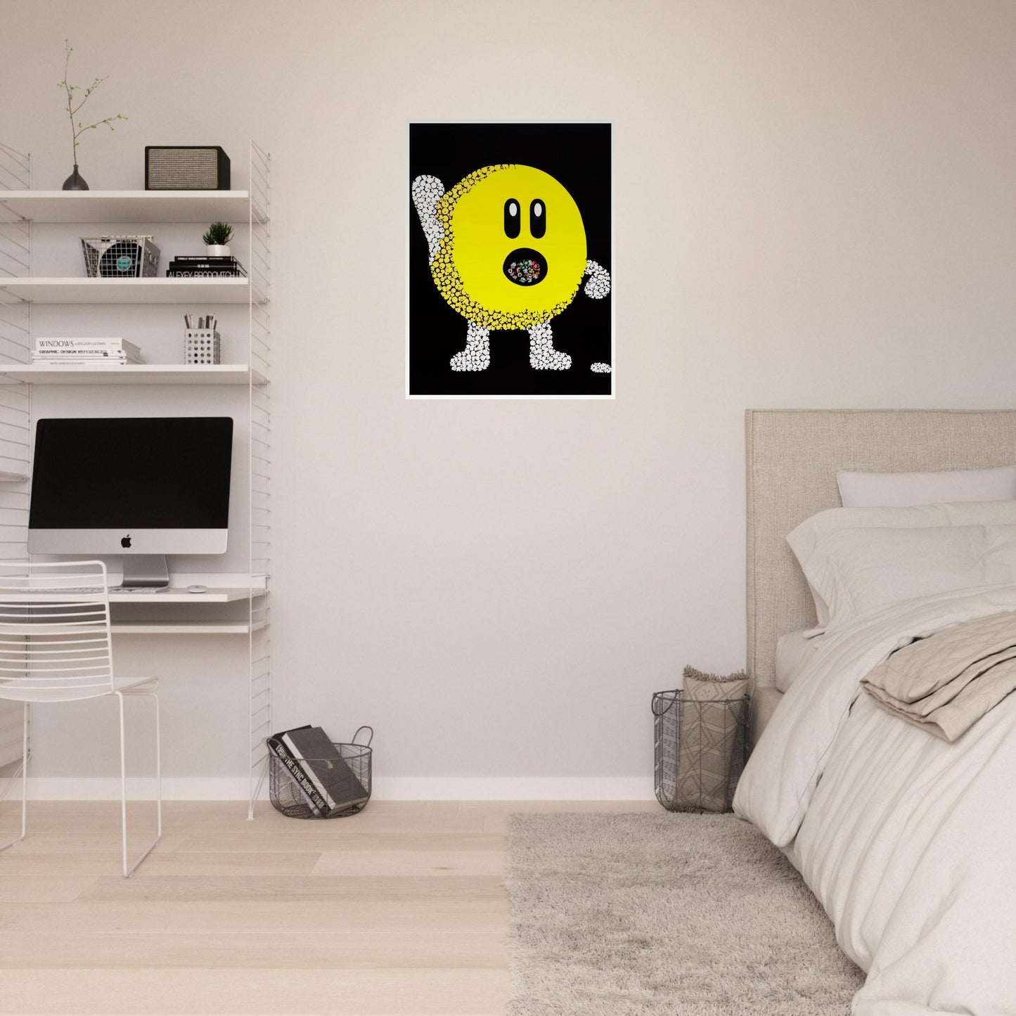 A playful pop-art depiction of a yellow circular figure made up of small white and yellow dots, with an open mouth filled with colorful shapes on a black background.