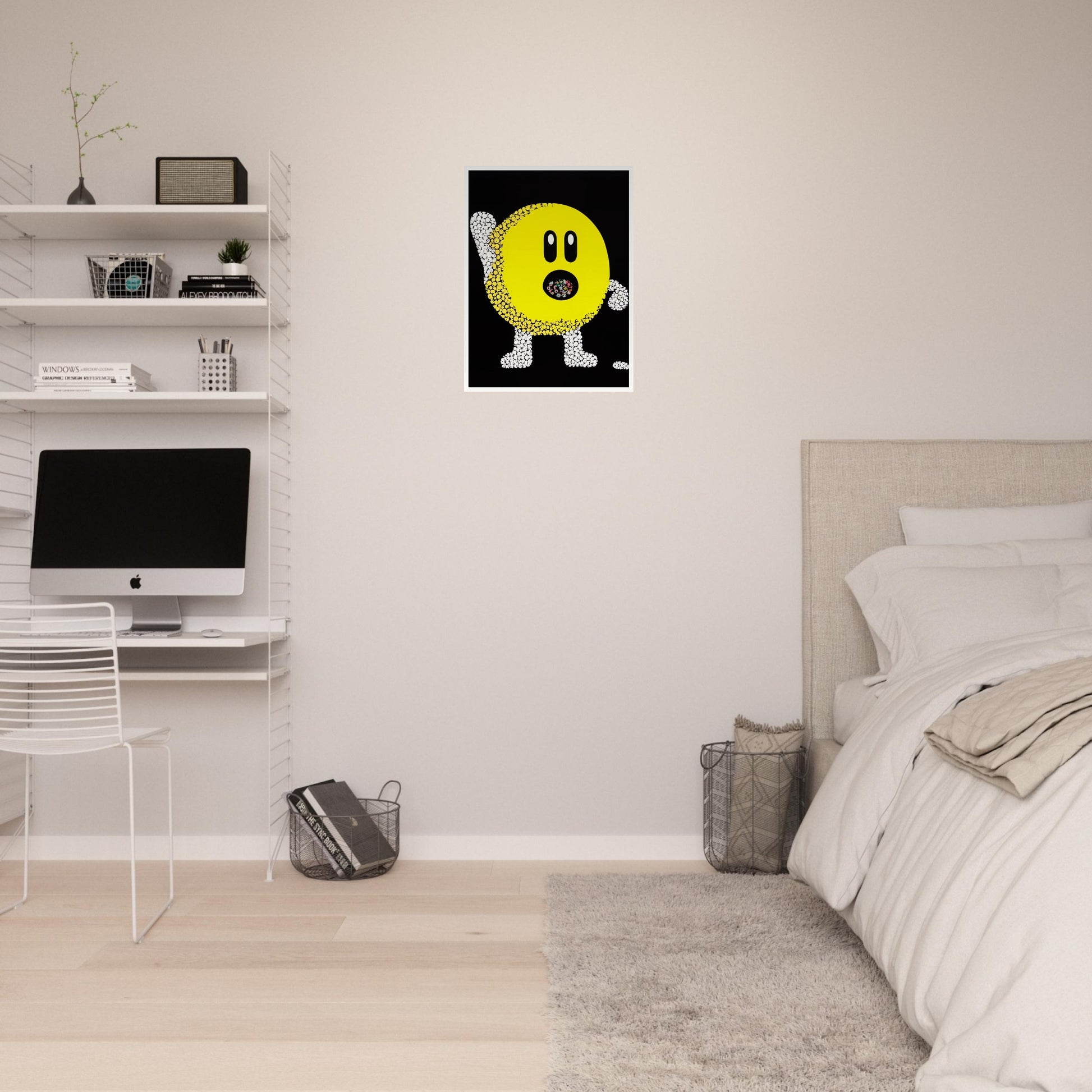 A playful pop-art depiction of a yellow circular figure made up of small white and yellow dots, with an open mouth filled with colorful shapes on a black background.