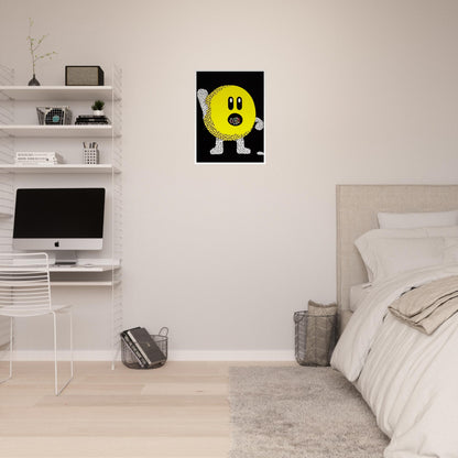 A playful pop-art depiction of a yellow circular figure made up of small white and yellow dots, with an open mouth filled with colorful shapes on a black background.