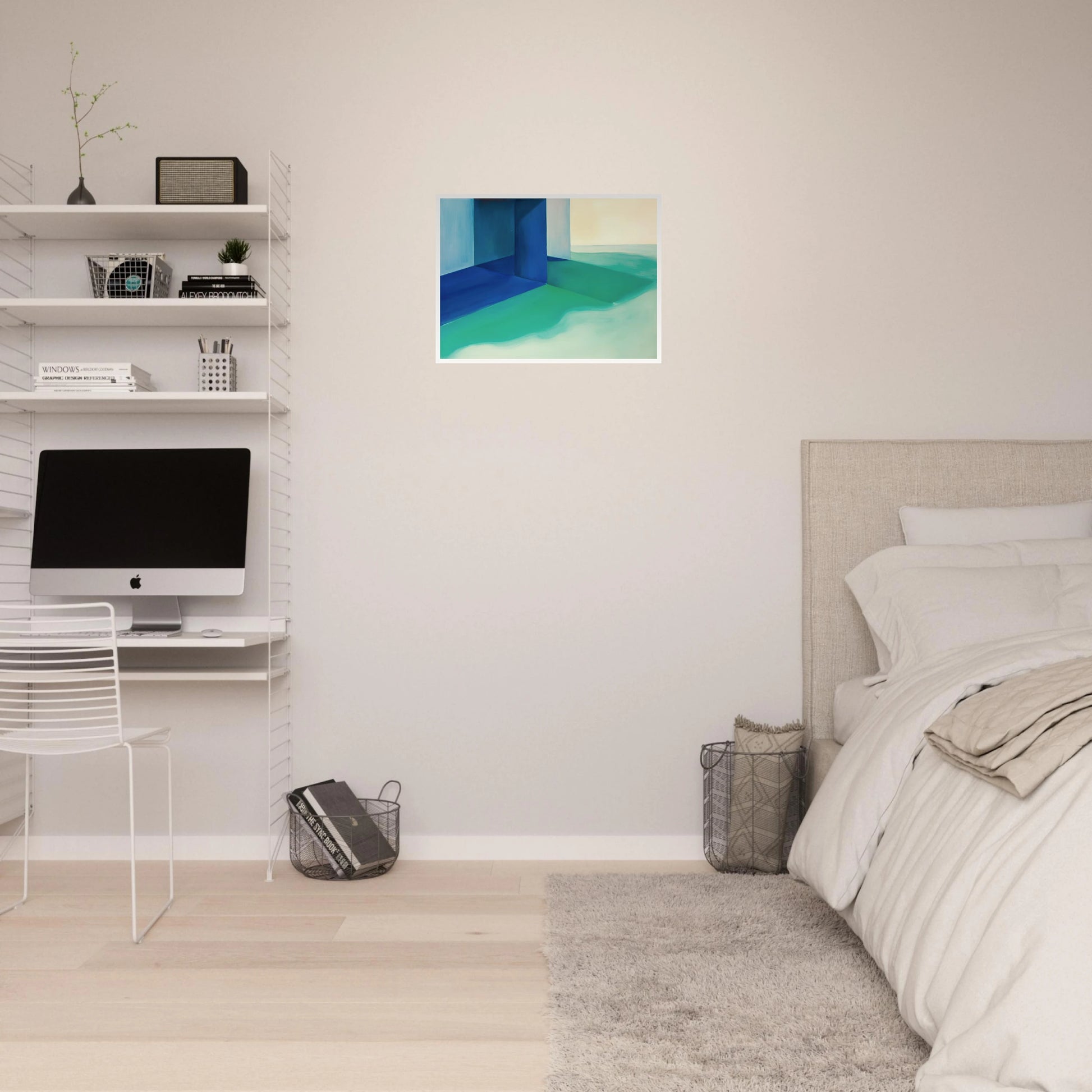 Blue architectural forms meet soft turquoise shores and pale horizons, creating a calm coastal retreat.