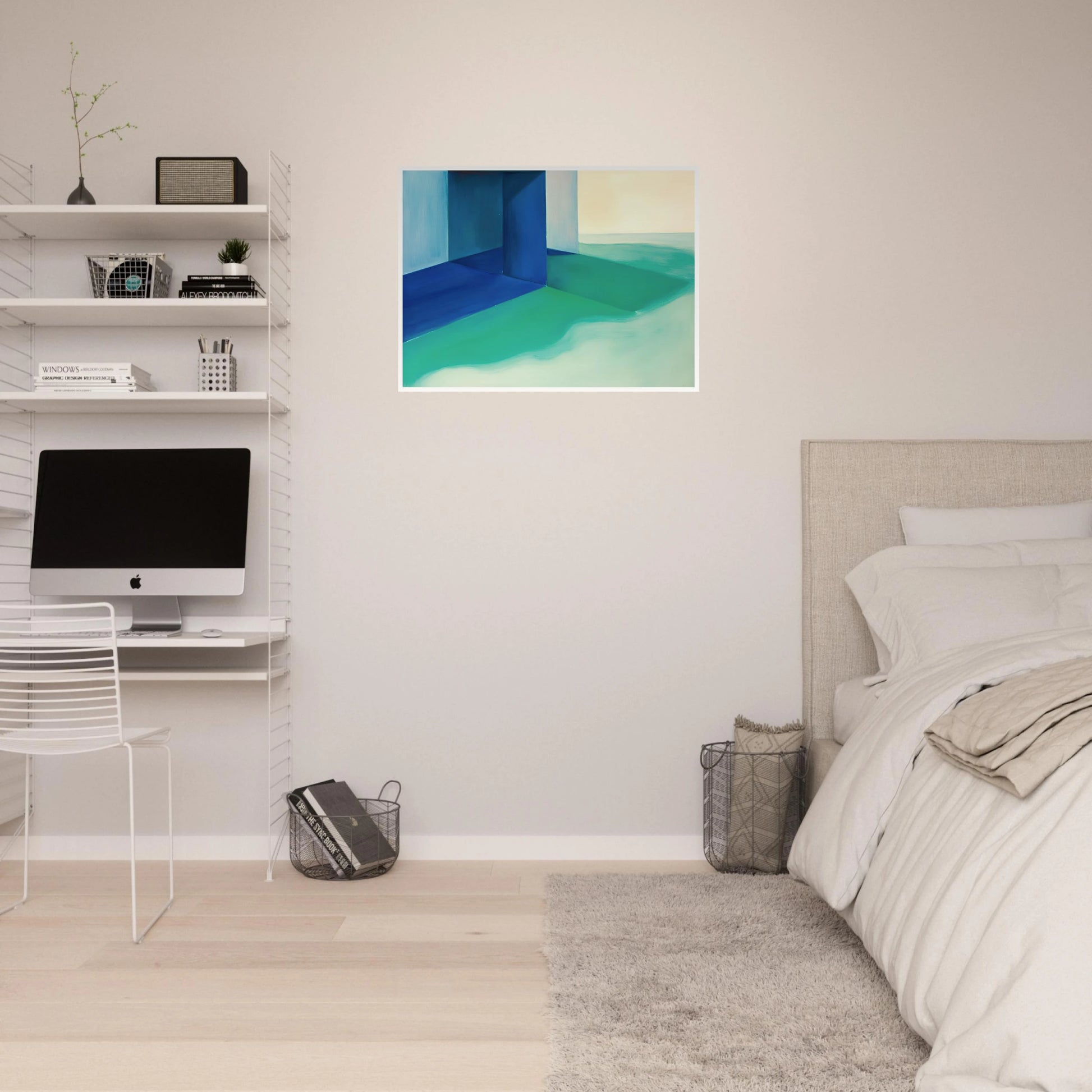 Blue architectural forms meet soft turquoise shores and pale horizons, creating a calm coastal retreat.