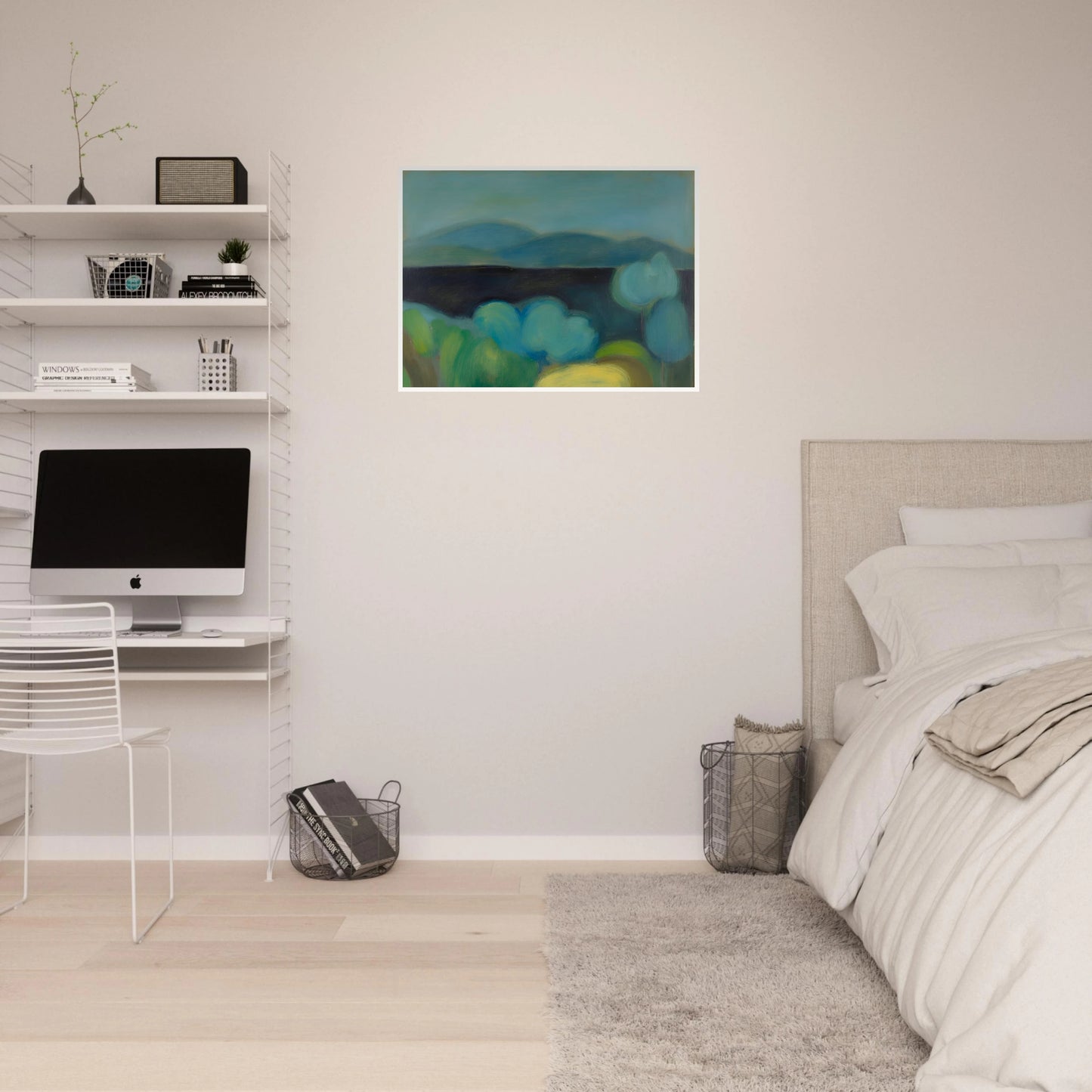 Soft blue hills rise beyond rounded trees and lush fields, creating a tranquil landscape bathed in cool light.