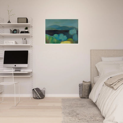 Soft blue hills rise beyond rounded trees and lush fields, creating a tranquil landscape bathed in cool light.