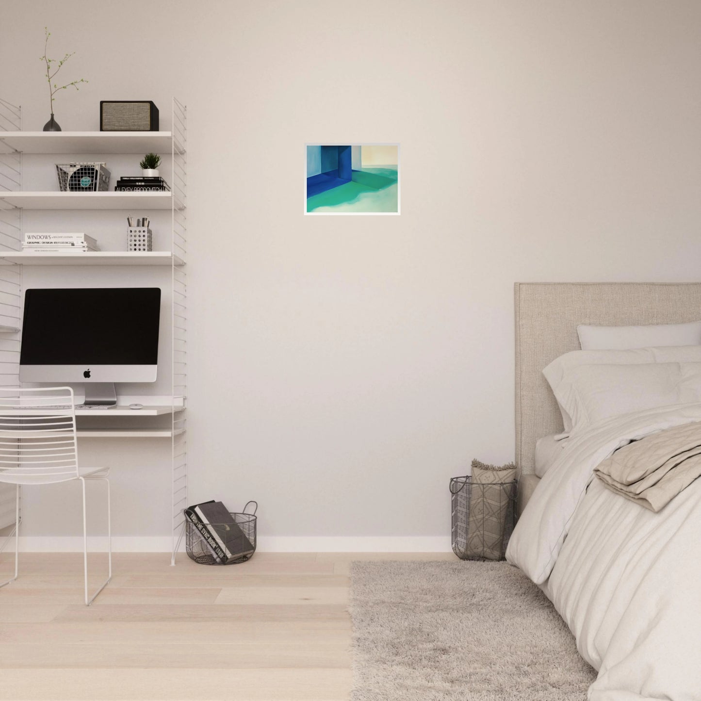 Blue architectural forms meet soft turquoise shores and pale horizons, creating a calm coastal retreat.
