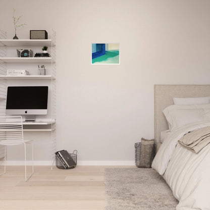 Blue architectural forms meet soft turquoise shores and pale horizons, creating a calm coastal retreat.