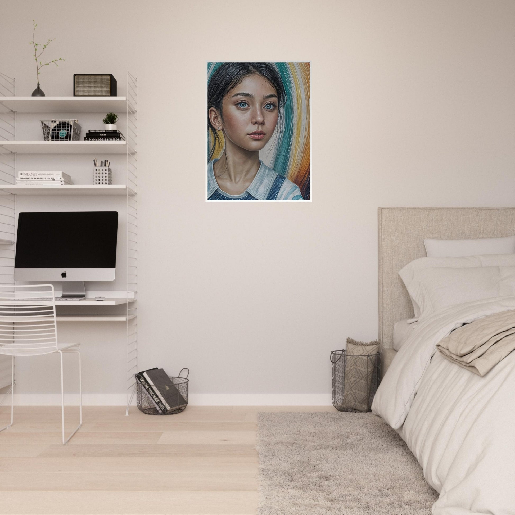 Realistic portrait of a young girl with striking blue eyes, against a colorful abstract background with swirls of teal, yellow, and white.