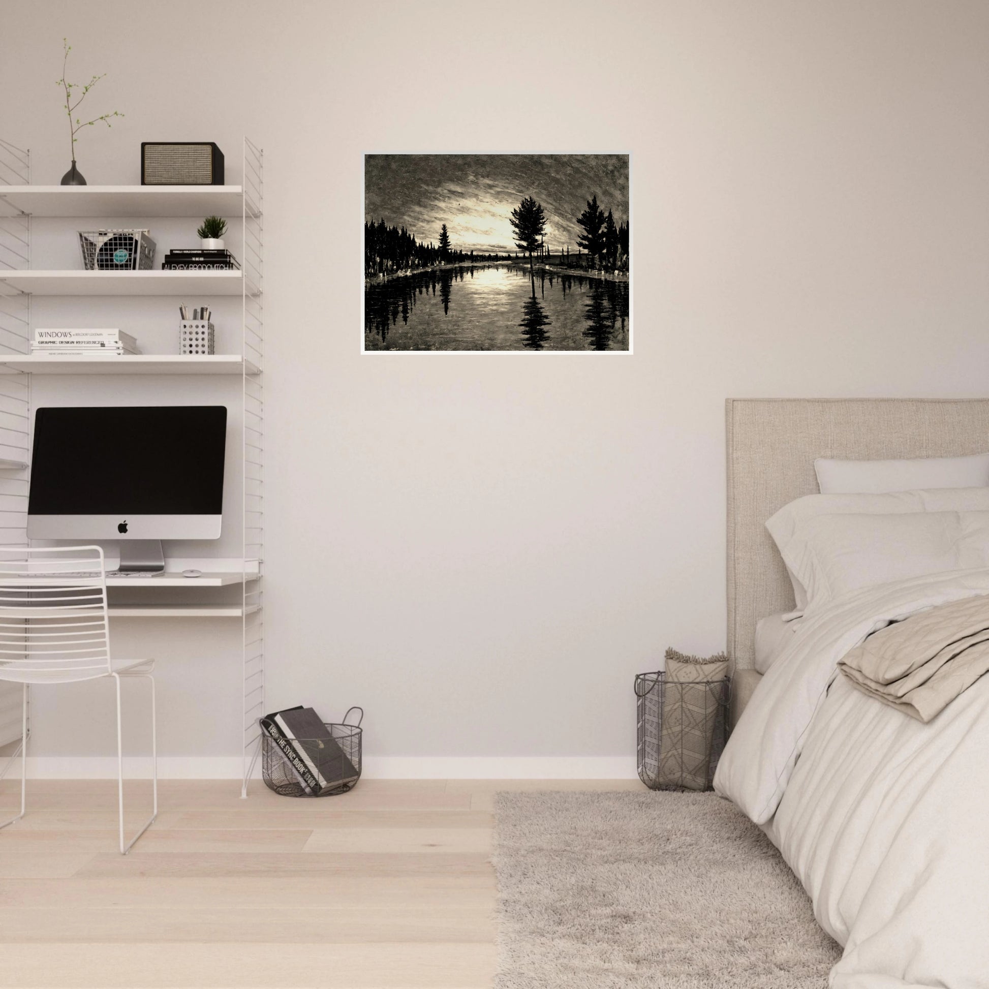 A serene black and white landscape of tall trees reflected in a still river beneath a dimly lit, textured evening sky.