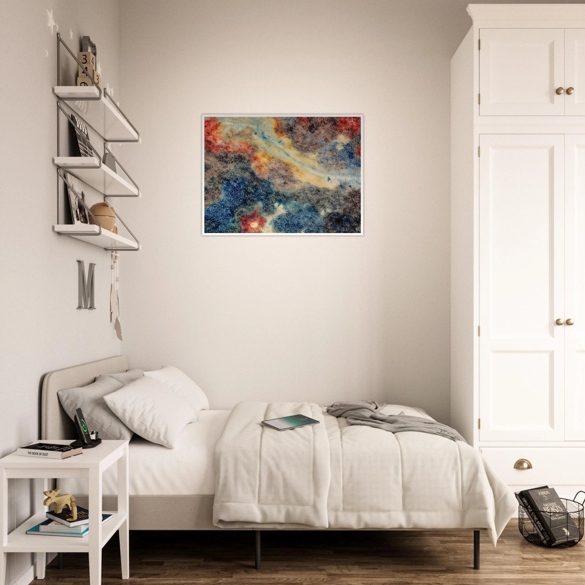 An abstract composition of swirling blue, gray, cream, and crimson textures resembling a distant nebula or galaxy, with organic patterns and flowing celestial forms.