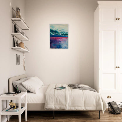 Teal ocean waves roll beneath a pale sky, with pink and blue reflections glowing below.