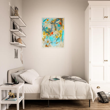 A delicate abstract painting with soft blue, yellow, and orange tones blending harmoniously, evoking the fluidity of nature's elements.