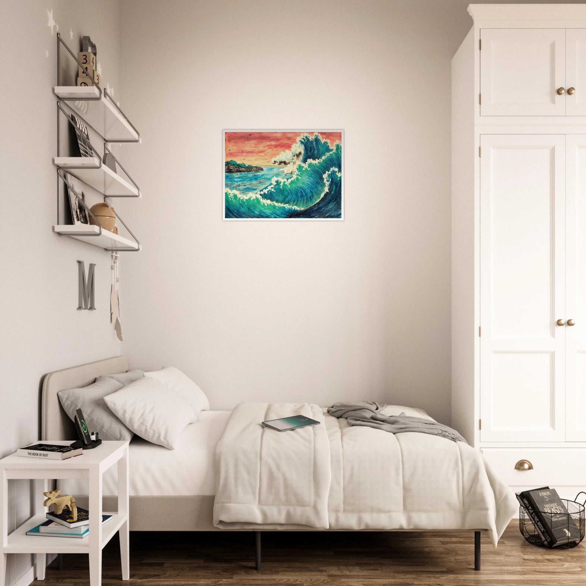Towering ocean wave crashes under a fiery sunset sky, with distant cliffs and birds in view.