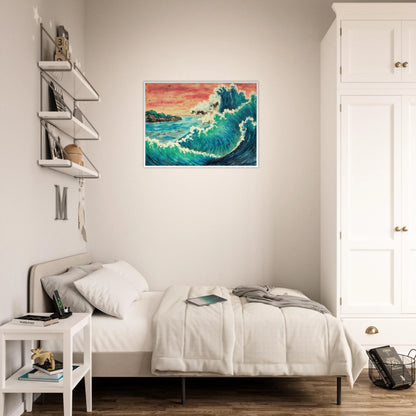Towering ocean wave crashes under a fiery sunset sky, with distant cliffs and birds in view.