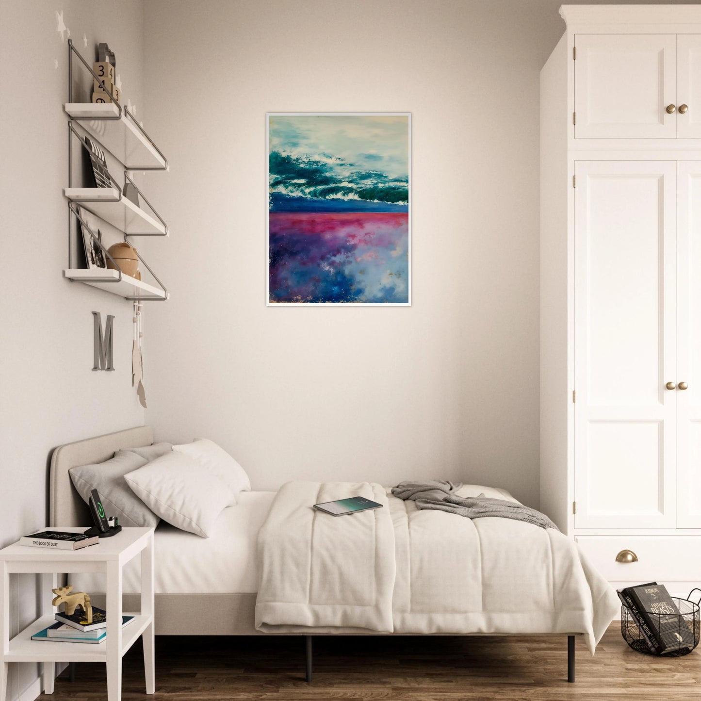 Teal ocean waves roll beneath a pale sky, with pink and blue reflections glowing below.