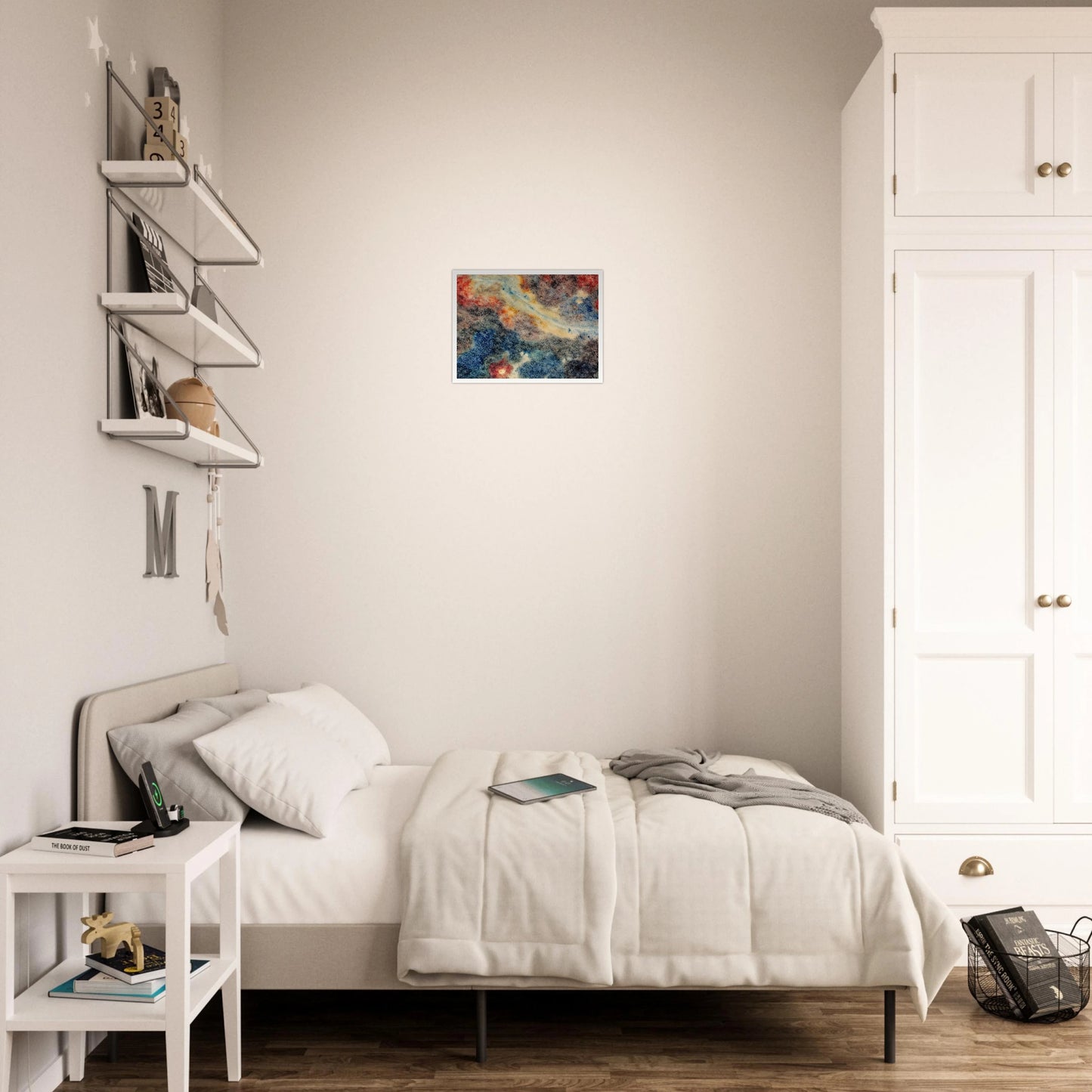 An abstract composition of swirling blue, gray, cream, and crimson textures resembling a distant nebula or galaxy, with organic patterns and flowing celestial forms.